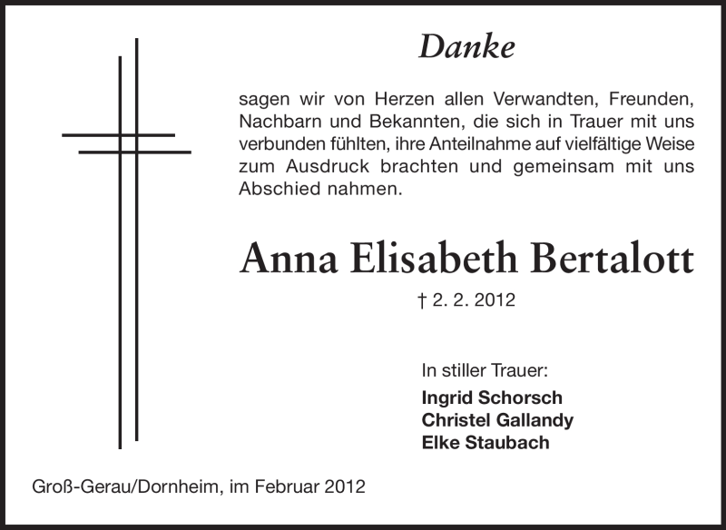  Traueranzeige für Anna Elisabeth Bertalott vom 23.02.2012 aus Rüsselsheimer Echo, Groß-Gerauer-Echo, Ried Echo