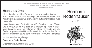 Traueranzeige von Hermann Rodenhäuser von Darmstädter Echo, Odenwälder Echo, Rüsselsheimer Echo, Groß-Gerauer-Echo, Ried Echo