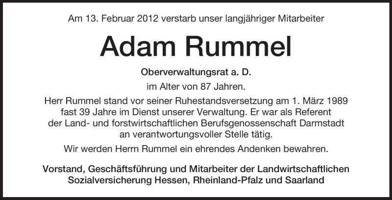  Traueranzeige für Adam Rummel vom 24.02.2012 aus Echo-Zeitungen (Gesamtausgabe)