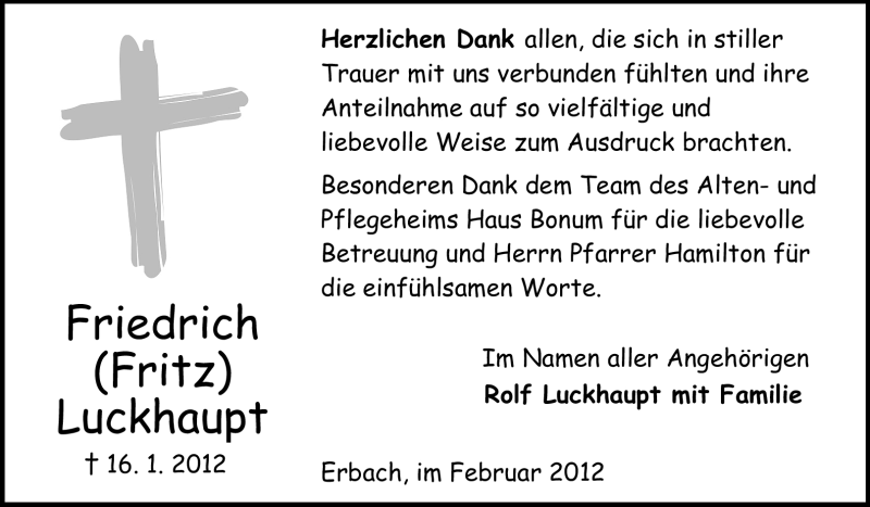  Traueranzeige für Friedrich Luckhaupt vom 25.02.2012 aus Odenwälder Echo