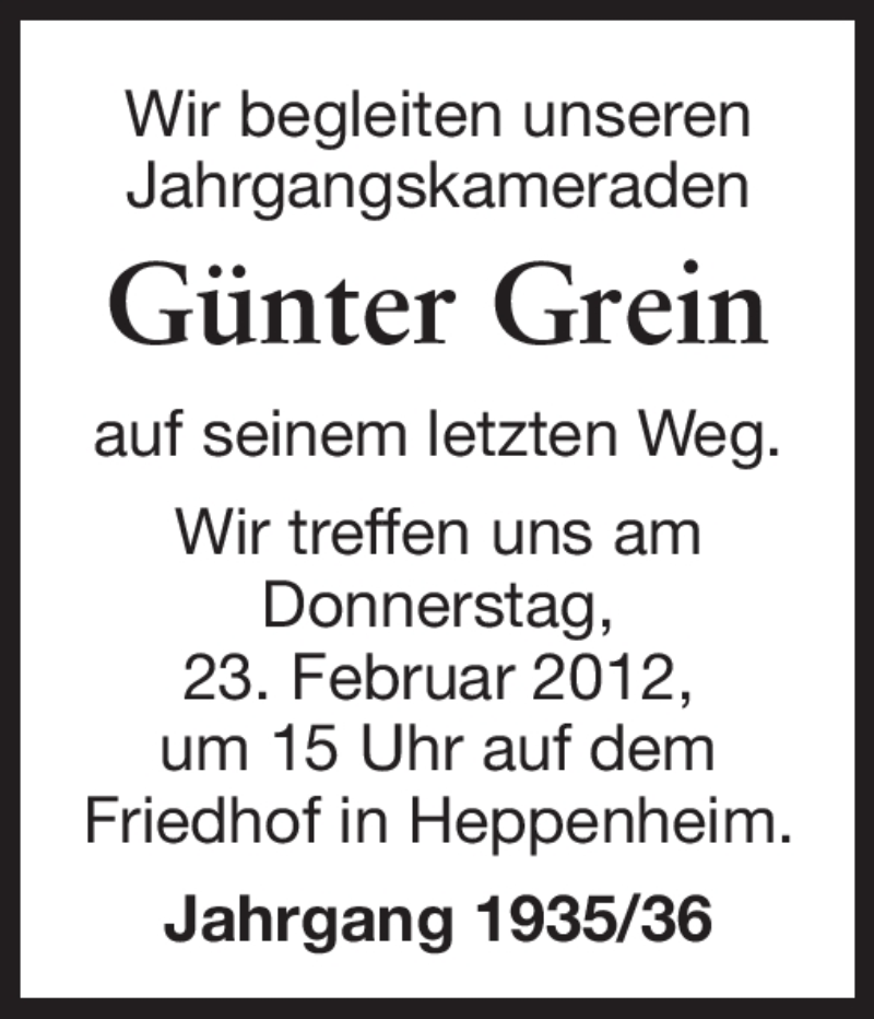  Traueranzeige für Günter Grein vom 21.02.2012 aus Starkenburger Echo