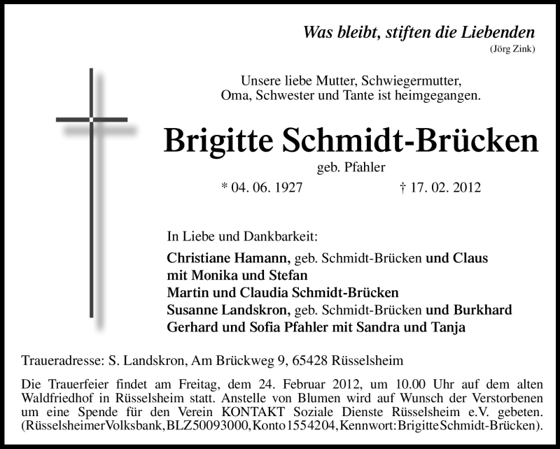  Traueranzeige für Brigitte Schmidt-Brücken vom 21.02.2012 aus Rüsselsheimer Echo, Groß-Gerauer-Echo, Ried Echo