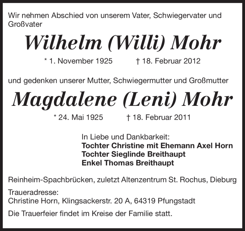  Traueranzeige für Wilhelm Mohr vom 25.02.2012 aus Darmstädter Echo, Odenwälder Echo, Rüsselsheimer Echo, Groß-Gerauer-Echo, Ried Echo