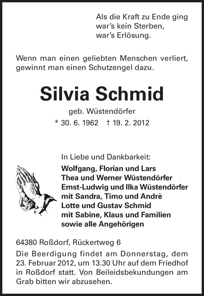  Traueranzeige für Silvia Schmid vom 21.02.2012 aus Echo-Zeitungen (Gesamtausgabe)
