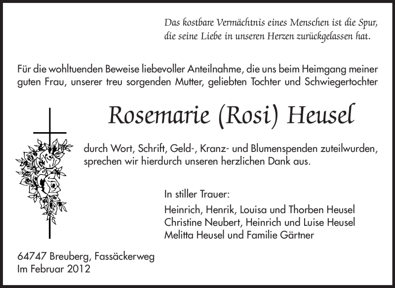  Traueranzeige für Rosemarie Heusel vom 25.02.2012 aus Odenwälder Echo