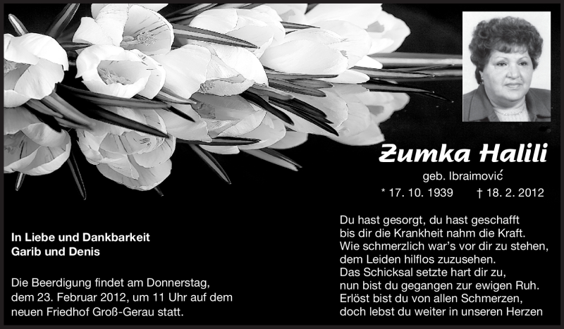  Traueranzeige für Zumka Halili vom 21.02.2012 aus Rüsselsheimer Echo, Groß-Gerauer-Echo, Ried Echo