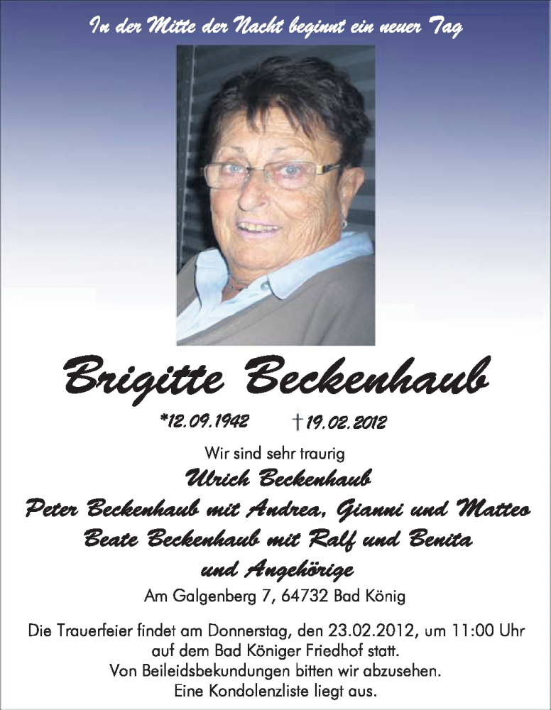  Traueranzeige für Brigitte Beckenhaub vom 21.02.2012 aus Echo-Zeitungen (Gesamtausgabe)