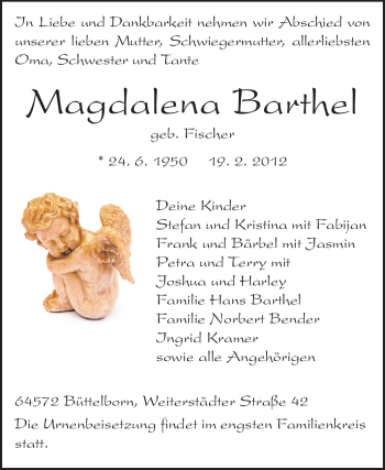 Traueranzeige von Magdalena Barthel von Rüsselsheimer Echo, Groß-Gerauer-Echo, Ried Echo