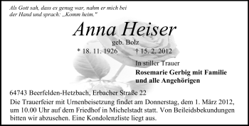 Traueranzeige von Anna Heisig von Odenwälder Echo