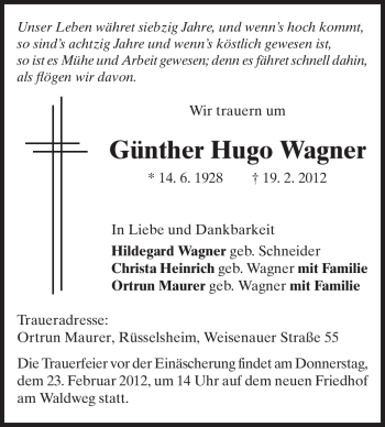 Traueranzeige von Günther Hugo Wagner von Rüsselsheimer Echo, Groß-Gerauer-Echo, Ried Echo