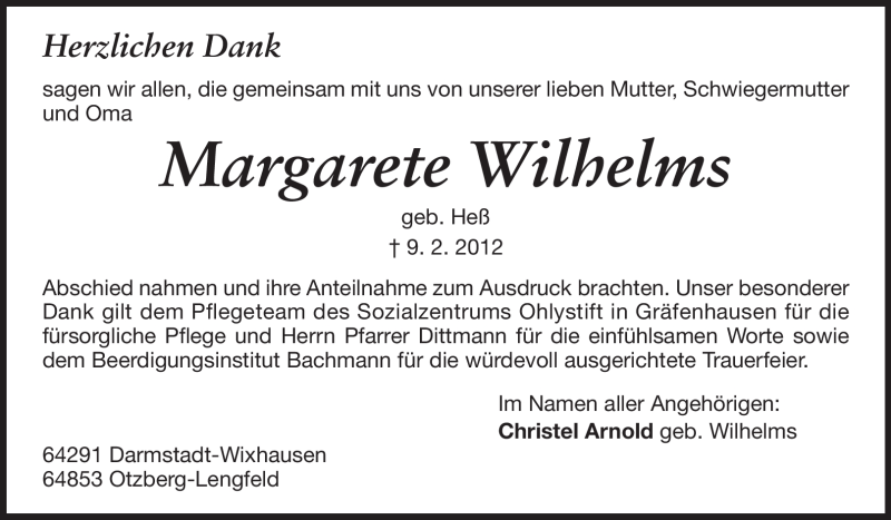  Traueranzeige für Margarete Wilhelms vom 24.02.2012 aus Echo-Zeitungen (Gesamtausgabe)