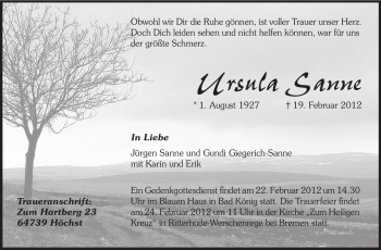 Traueranzeige von Ursula Sanne von Odenwälder Echo
