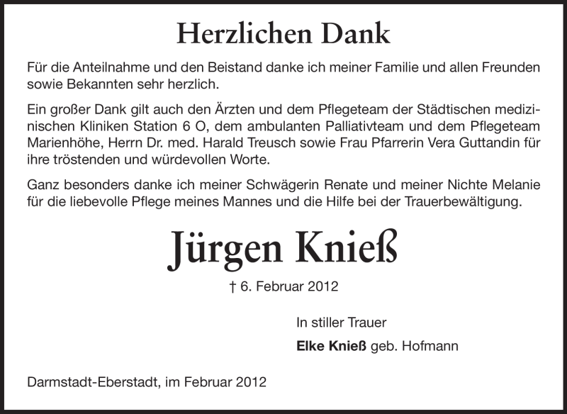  Traueranzeige für Jürgen Knieß vom 25.02.2012 aus Echo-Zeitungen (Gesamtausgabe)