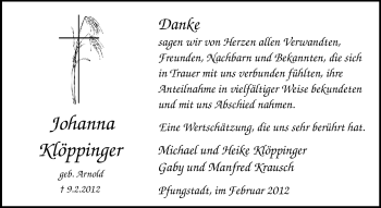 Traueranzeige von Johanna Klöppinger von Echo-Zeitungen (Gesamtausgabe)