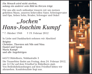 Traueranzeige von Hans-Joachim Kumpf von Darmstädter Echo, Odenwälder Echo, Rüsselsheimer Echo, Groß-Gerauer-Echo, Ried Echo