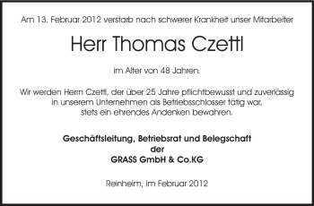 Traueranzeige von Thomas Czettl von Echo-Zeitungen (Gesamtausgabe)