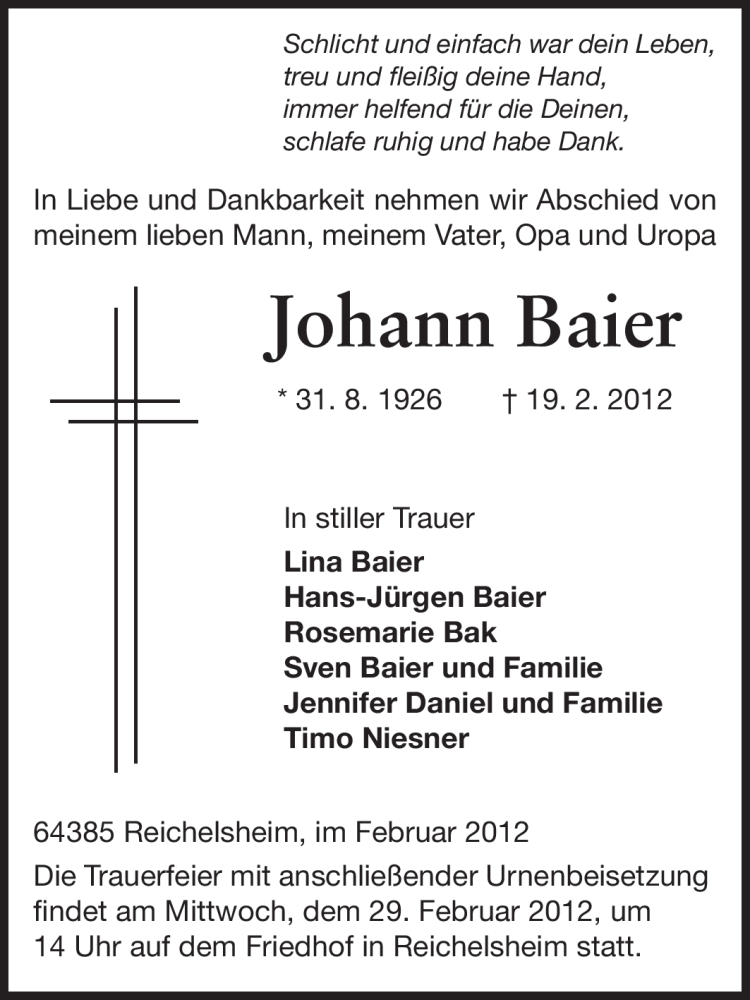  Traueranzeige für Johann Baier vom 25.02.2012 aus Odenwälder Echo