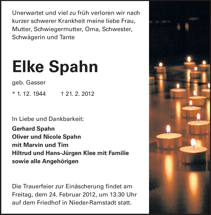  Traueranzeige für Elke Spahn vom 23.02.2012 aus Echo-Zeitungen (Gesamtausgabe)