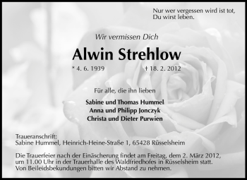Traueranzeige von Alwin Strehlow von Rüsselsheimer Echo, Groß-Gerauer-Echo, Ried Echo