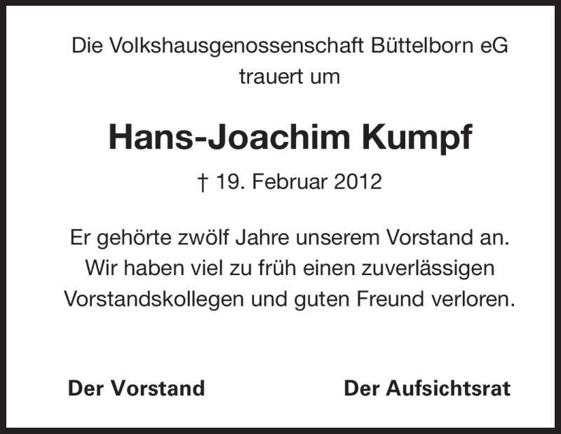  Traueranzeige für Hans-Joachim Kumpf vom 23.02.2012 aus Rüsselsheimer Echo, Groß-Gerauer-Echo, Ried Echo