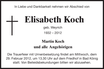 Traueranzeige von Elisabeth Koch von Odenwälder Echo