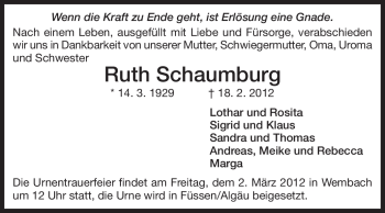 Traueranzeige von Ruth Schaumburg von Echo-Zeitungen (Gesamtausgabe)