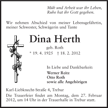 Traueranzeige von Dina Herth von Rüsselsheimer Echo, Groß-Gerauer-Echo, Ried Echo