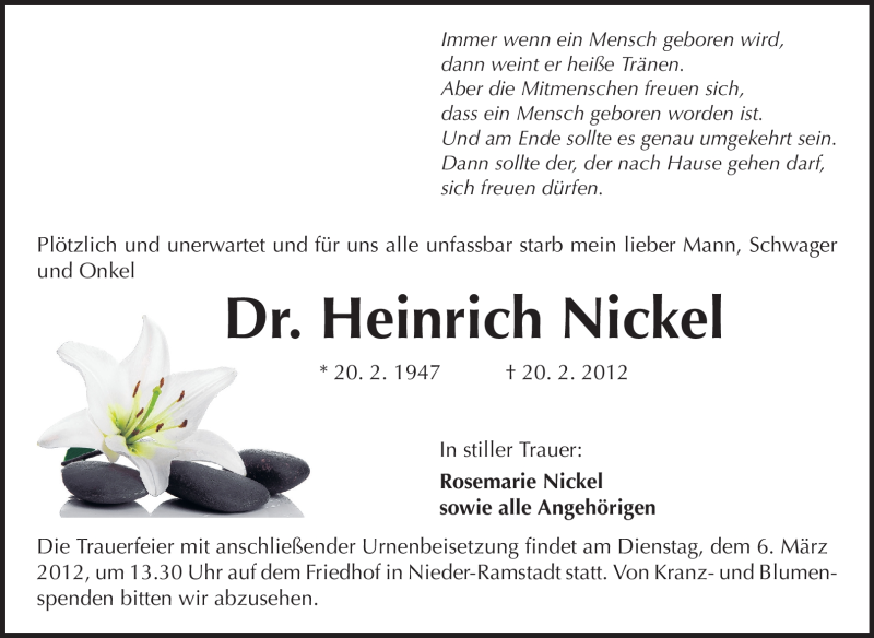  Traueranzeige für Heinrich Nickel vom 25.02.2012 aus Echo-Zeitungen (Gesamtausgabe)