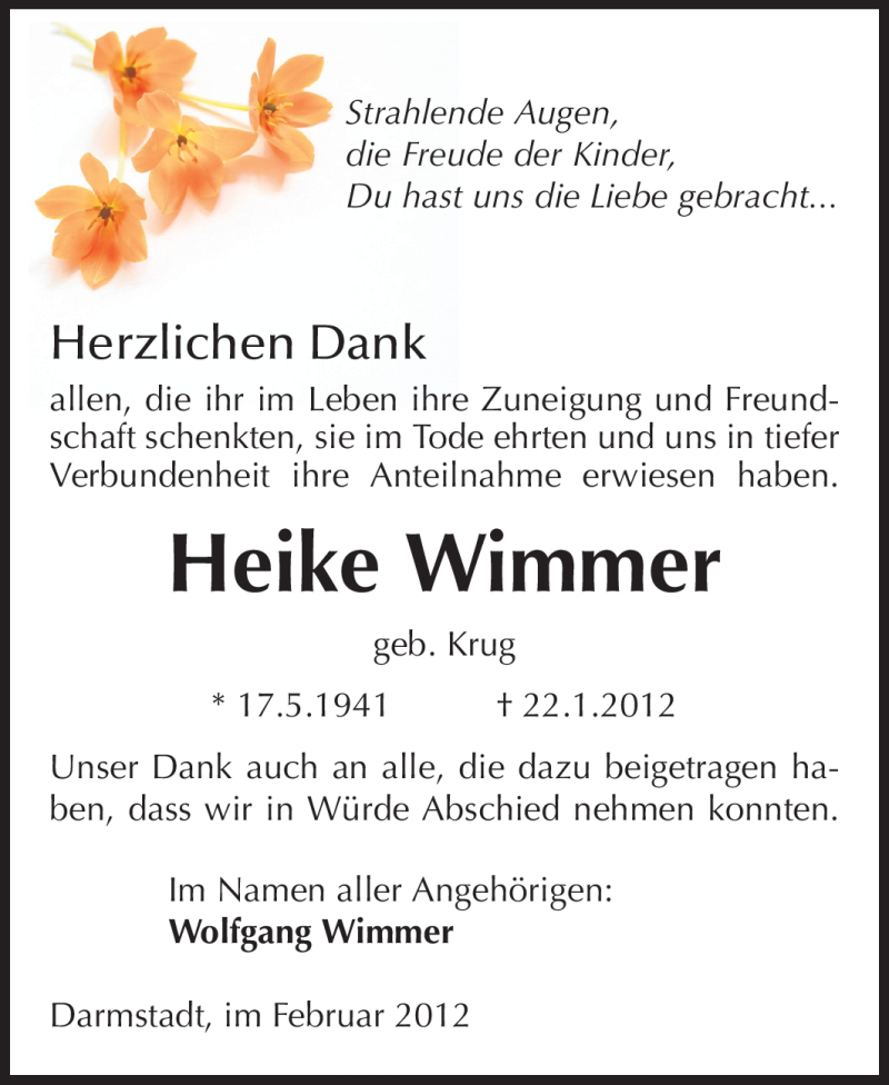  Traueranzeige für Heike Wimmer vom 25.02.2012 aus Darmstädter Echo, Odenwälder Echo, Rüsselsheimer Echo, Groß-Gerauer-Echo, Ried Echo