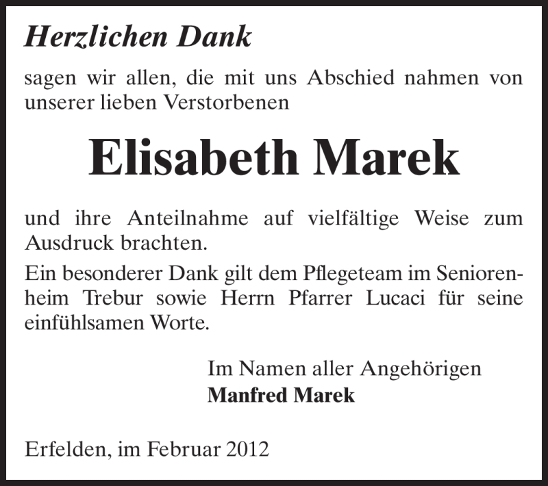  Traueranzeige für Elisabeth Marek vom 25.02.2012 aus Rüsselsheimer Echo, Groß-Gerauer-Echo, Ried Echo