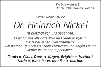 Traueranzeige von Heinrich Nickel von Echo-Zeitungen (Gesamtausgabe)