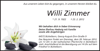 Traueranzeige von Willi Zimmer von Rüsselsheimer Echo, Groß-Gerauer-Echo, Ried Echo