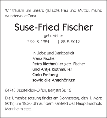 Traueranzeige von Suse-Fried Fischer von Odenwälder Echo