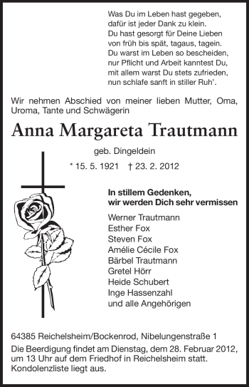 Traueranzeige von Anna Margareta Trautmann von Odenwälder Echo