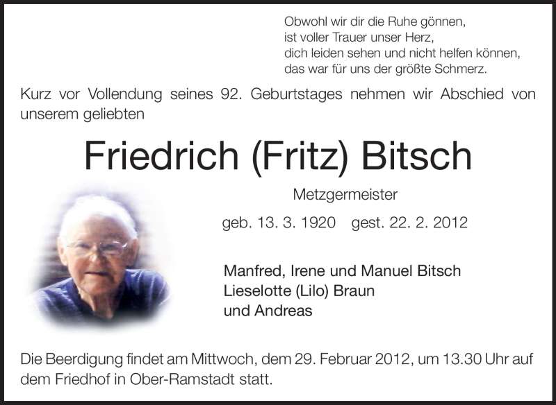  Traueranzeige für Friedrich Bitsch vom 25.02.2012 aus Darmstädter Echo, Odenwälder Echo, Rüsselsheimer Echo, Groß-Gerauer-Echo, Ried Echo