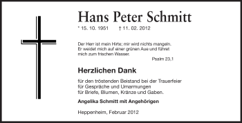 Traueranzeige von Hans Peter Schmitt von Starkenburger Echo