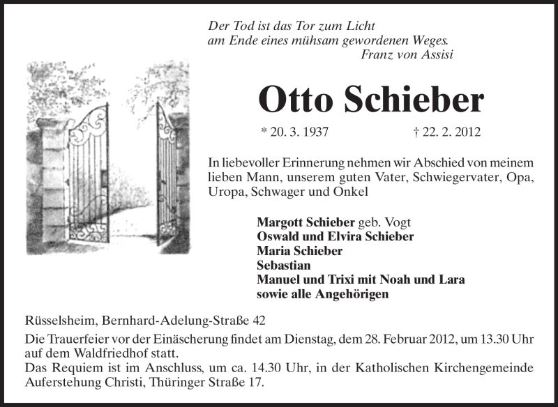  Traueranzeige für Otto Schieber vom 25.02.2012 aus Rüsselsheimer Echo, Groß-Gerauer-Echo, Ried Echo
