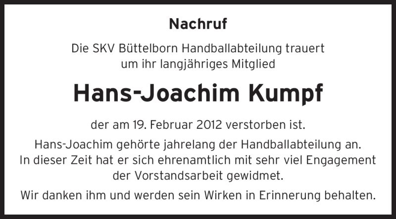  Traueranzeige für Hans-Joachim Kumpf vom 25.02.2012 aus Rüsselsheimer Echo, Groß-Gerauer-Echo, Ried Echo
