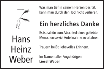 Traueranzeige von Hans Heinz Weber von Rüsselsheimer Echo, Groß-Gerauer-Echo, Ried Echo