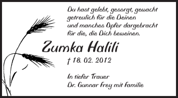Traueranzeige von Zumka Halili von Rüsselsheimer Echo, Groß-Gerauer-Echo, Ried Echo
