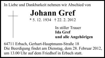Traueranzeige von Johann Gref von Odenwälder Echo