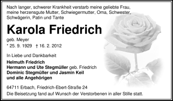 Traueranzeige von Friedrich Karoline von Odenwälder Echo