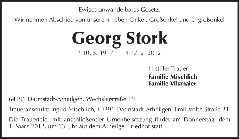  Traueranzeige für Georg Stork vom 25.02.2012 aus Echo-Zeitungen (Gesamtausgabe)
