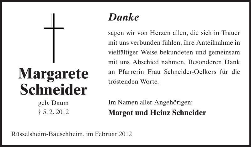  Traueranzeige für Margarete Schneider vom 25.02.2012 aus Rüsselsheimer Echo, Groß-Gerauer-Echo, Ried Echo