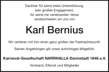 Traueranzeige von Karl Bernius von Darmstädter Echo, Odenwälder Echo, Rüsselsheimer Echo, Groß-Gerauer-Echo, Ried Echo