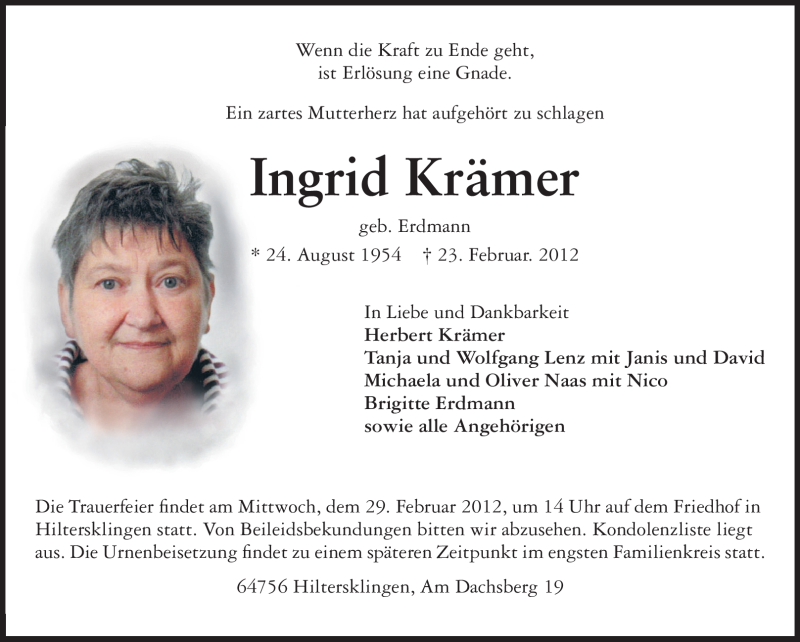  Traueranzeige für Ingrid Krämer vom 27.02.2012 aus Odenwälder Echo