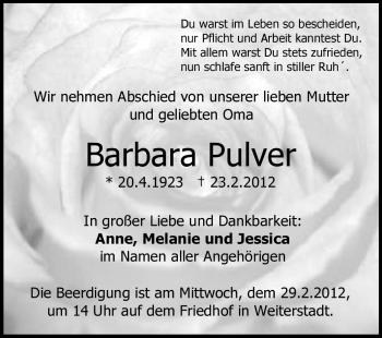 Traueranzeige von Barbara Pulver von Echo-Zeitungen (Gesamtausgabe)