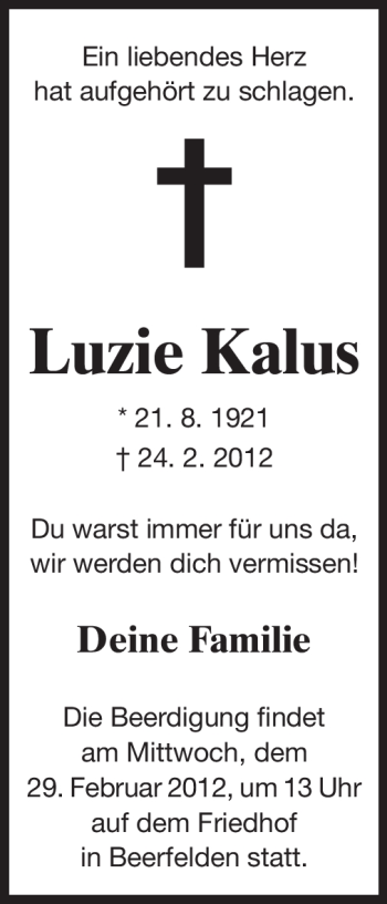 Traueranzeige von Luzie Kalus von Odenwälder Echo