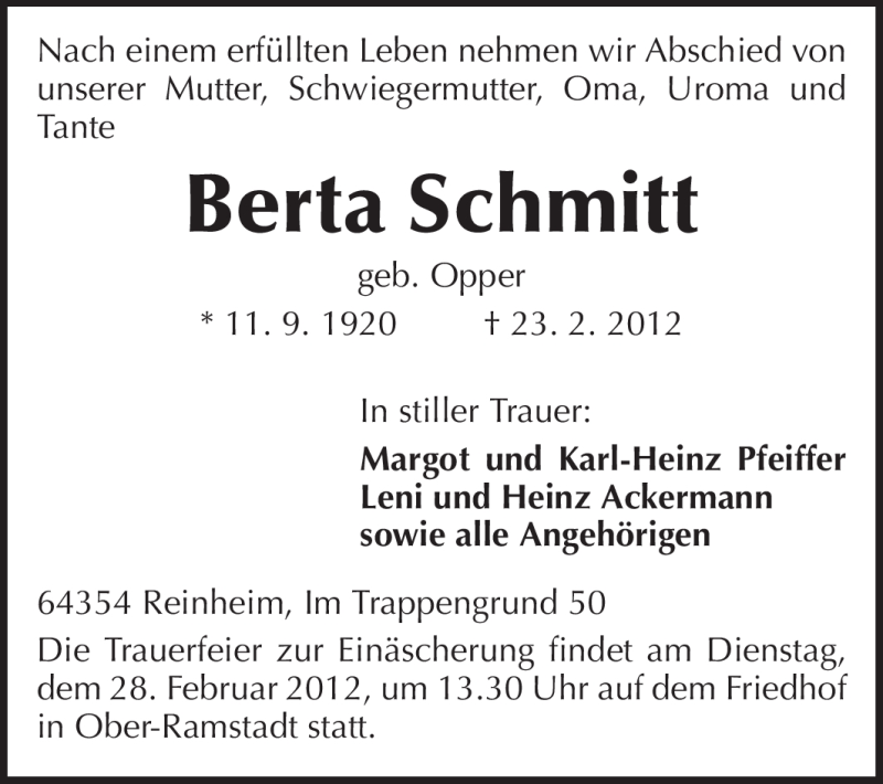  Traueranzeige für Berta Schmitt vom 27.02.2012 aus Darmstädter Echo, Odenwälder Echo, Rüsselsheimer Echo, Groß-Gerauer-Echo, Ried Echo