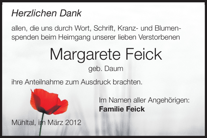  Traueranzeige für Margarete Feick vom 03.03.2012 aus Echo-Zeitungen (Gesamtausgabe)